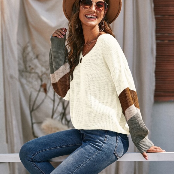 oversized  color block v neck knit sweater beige - Picture 9 of 9